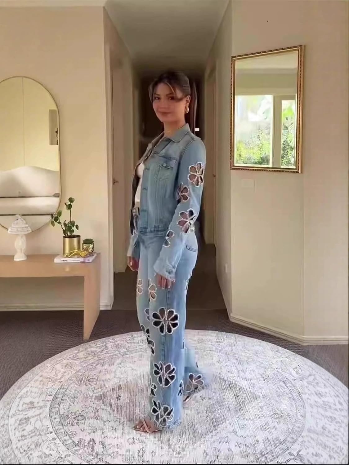 THLAI Women's Two Piece Outfits Hollow Out Rhinestone-Embellished Denim Jacket & Jeans Fall Outfits