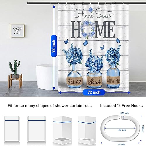 Miniatura 2 de Juego de 4 cortinas de ducha de hortensias azules, juego de baño Home Sweet con alfombras y accesorios, decoración de baño de campo de granja