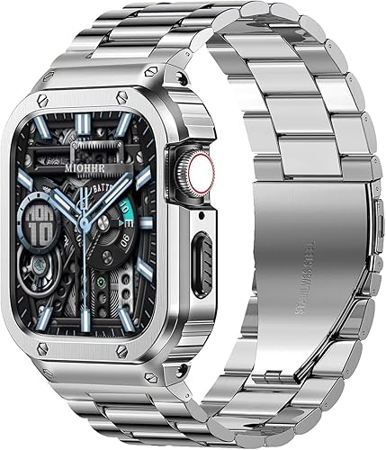 Miniatura 73 de MioHHR Correa y funda de acero inoxidable compatible con Apple Watch Band de 1.772 pulgadas, cubierta protectora de metal para hombres para iWatch