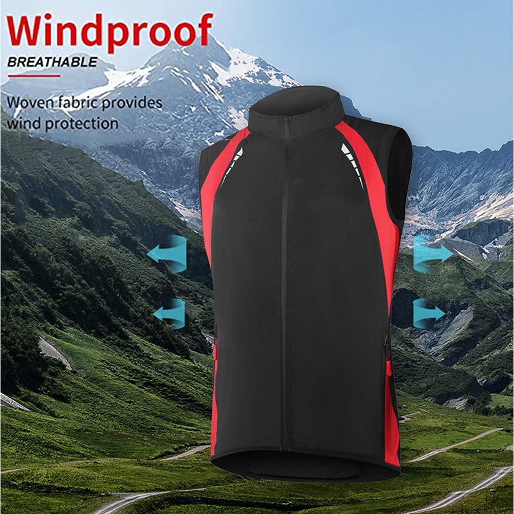 Gilet de Cyclisme Homme, Léger et Coupe-Vent, Réfléchissant, Veste sans Manche, Haute Visibilité, Rouge, Taille M à 5XL