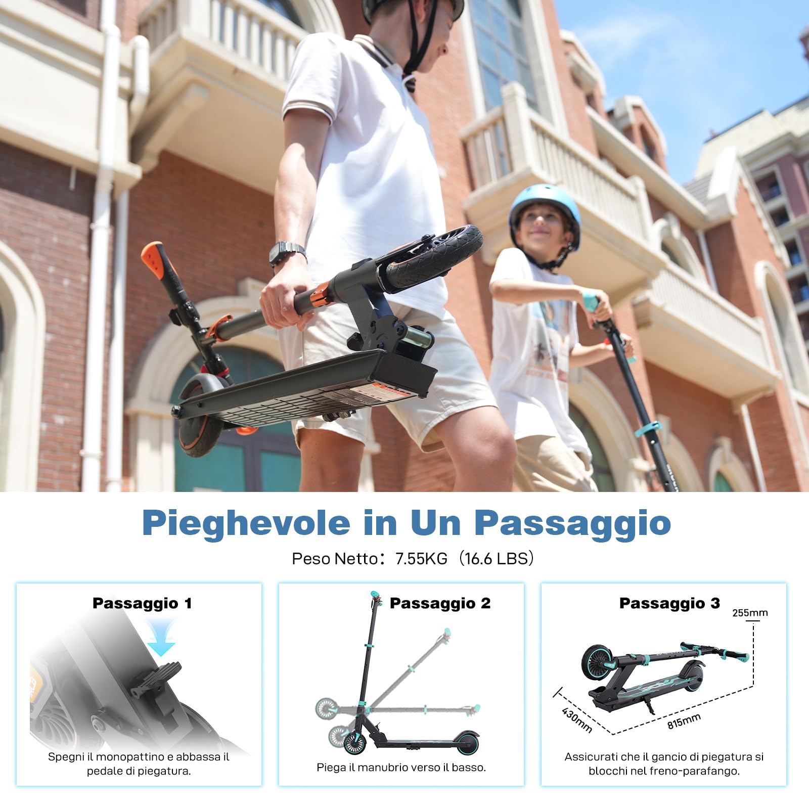 RCB R15 Monopattino Elettrico Bambini 8-12-16 anni, Velocità Massima 20 Km/h, Autonomia Massima 16 Km, Monopattini Pieghevole, Regalo per Bambini ed Adolescenti