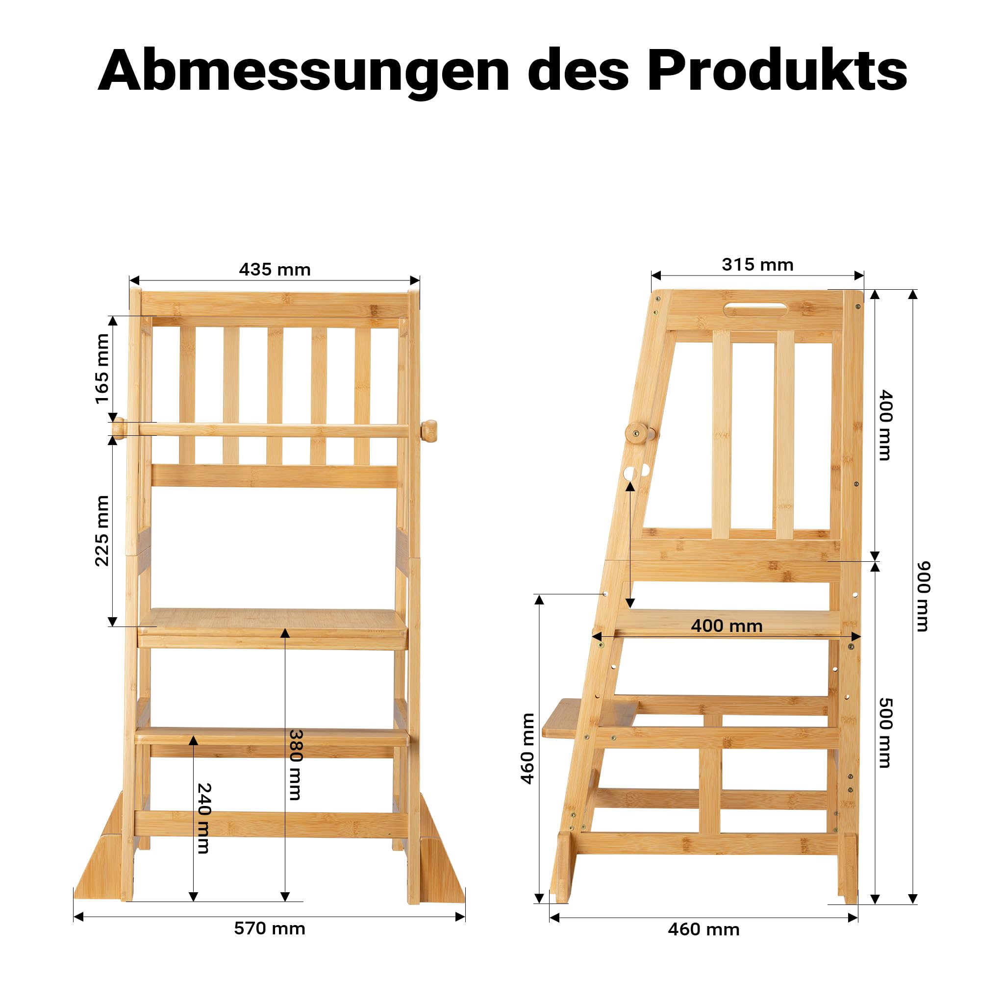 Wiltec Kinderstuhl Lernturm 57 x 46 x 90 cm aus Bambus, Lernstuhl für Kinder mit Geländer, Stehturm mit Schutzstab