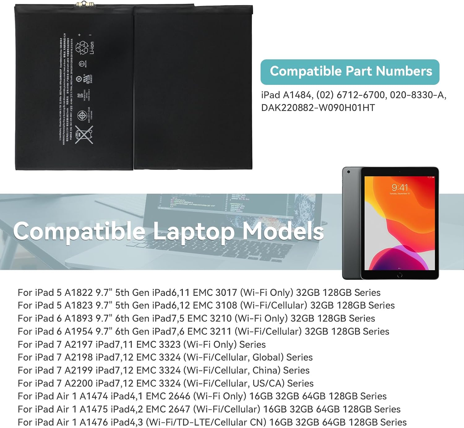 K KYUER A1484 Tablet Bateria Compatible with iPad 5 6 7 A1822 A1823 A1893 A1954 A2197 A2200 A2198 A2199 Air A1474 A1475 A1476 MD785LL A MD786LL A MD787LL A MF539LL A MF534LL A MF532LL A MR7G2LL A