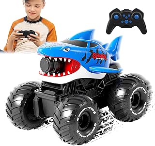 RoserRose Remote Controlled Car, 2.4GHz RC Monster Truck Shark - Water/Land Vehicle with 10 m Water Gun, 20 km/h, 30 m Range, 3 x 1200 mAh Batteries, Clock Remote Control, for Children from 6-12 Years
