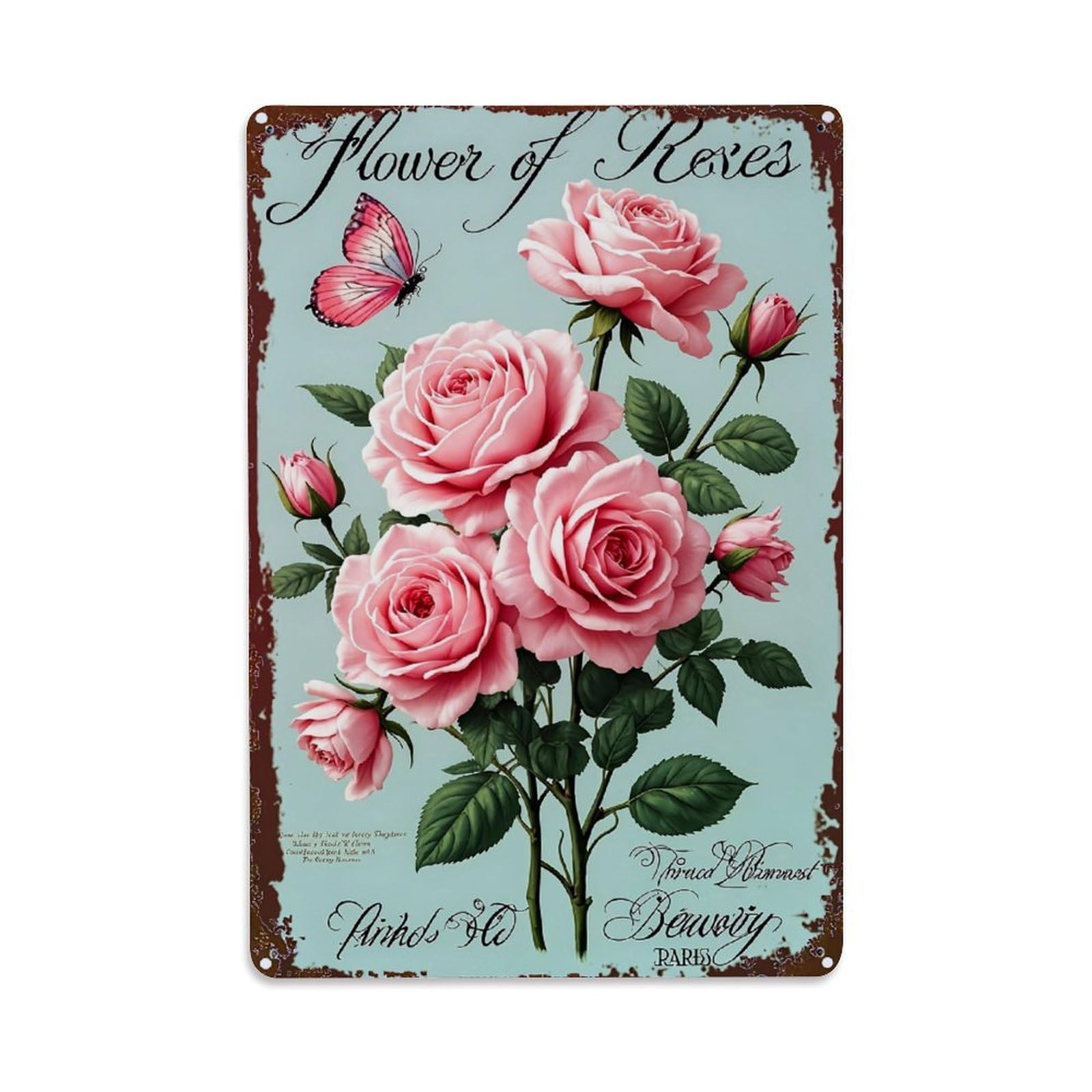 Jdfenggu Vintage Pink Roses Butterfly Poster Retro Metal Tin Sign, Metal Poster For Bar, Home, Man Cave, Kitchen, Laundry Room Art Decor 8X12 Inch