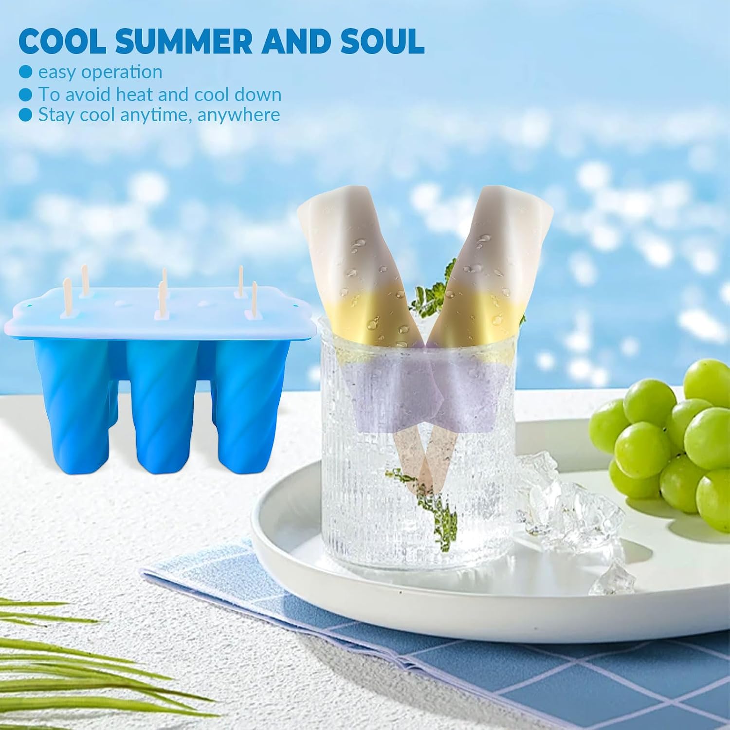Popsicle Molds with Lids and Wood Sticks, Silicone Ice Pop Mold, 10 Cavity Ice Cream Maker, Easy Release Ice Pop Maker (Blue)