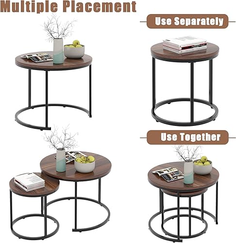 Miniatura 8 de Garden 4 you Mesa auxiliar anidable, color marrón rústico, 2 juegos para lugares pequeños, sofá de madera de ingeniería, mesa auxiliar para sala de