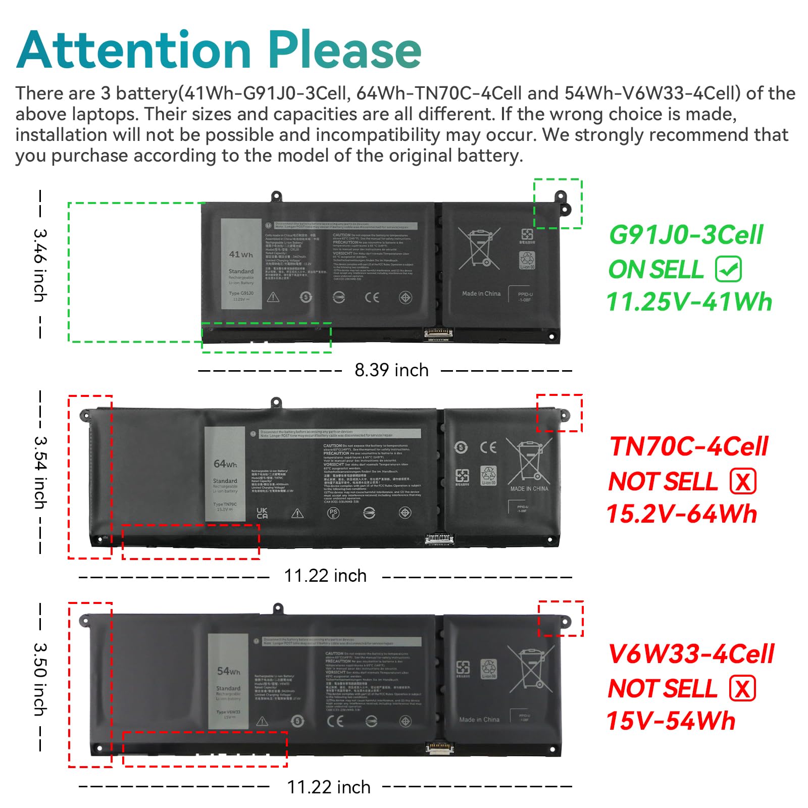 K KYUER G91J0 V6W33 Laptop Batterie pour Dell Latitude 3320 3420 3520 5625 Vostro 3425 5310 5410 5510 5515 5415 Inspiron 3510 3511 3515 5510 5515 5518 5310 5410 5415 5418 7415 2-in-1 WV3K8 PG8YJ MGCM5