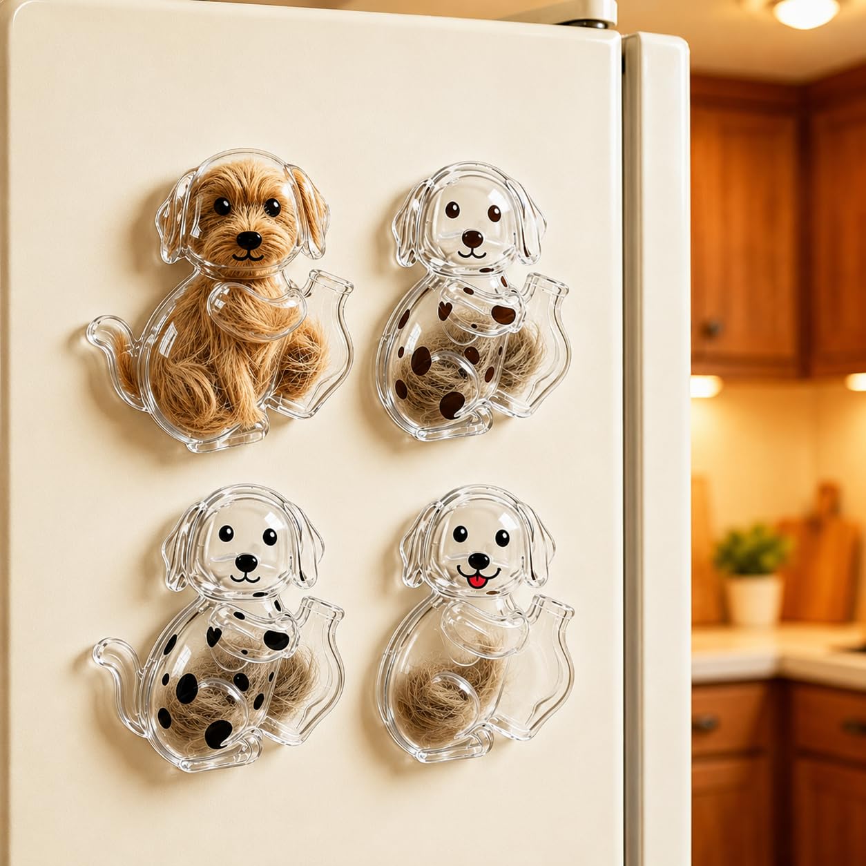 Hundehaar & Barthaare Sammler Kühlschrankmagnete 4er Set 3D | Magnete transparent ABS, süße Haar Aufbewahrung Erinnerung, dekorative Magnete für Kühlschrank, Pinnwand, Büro