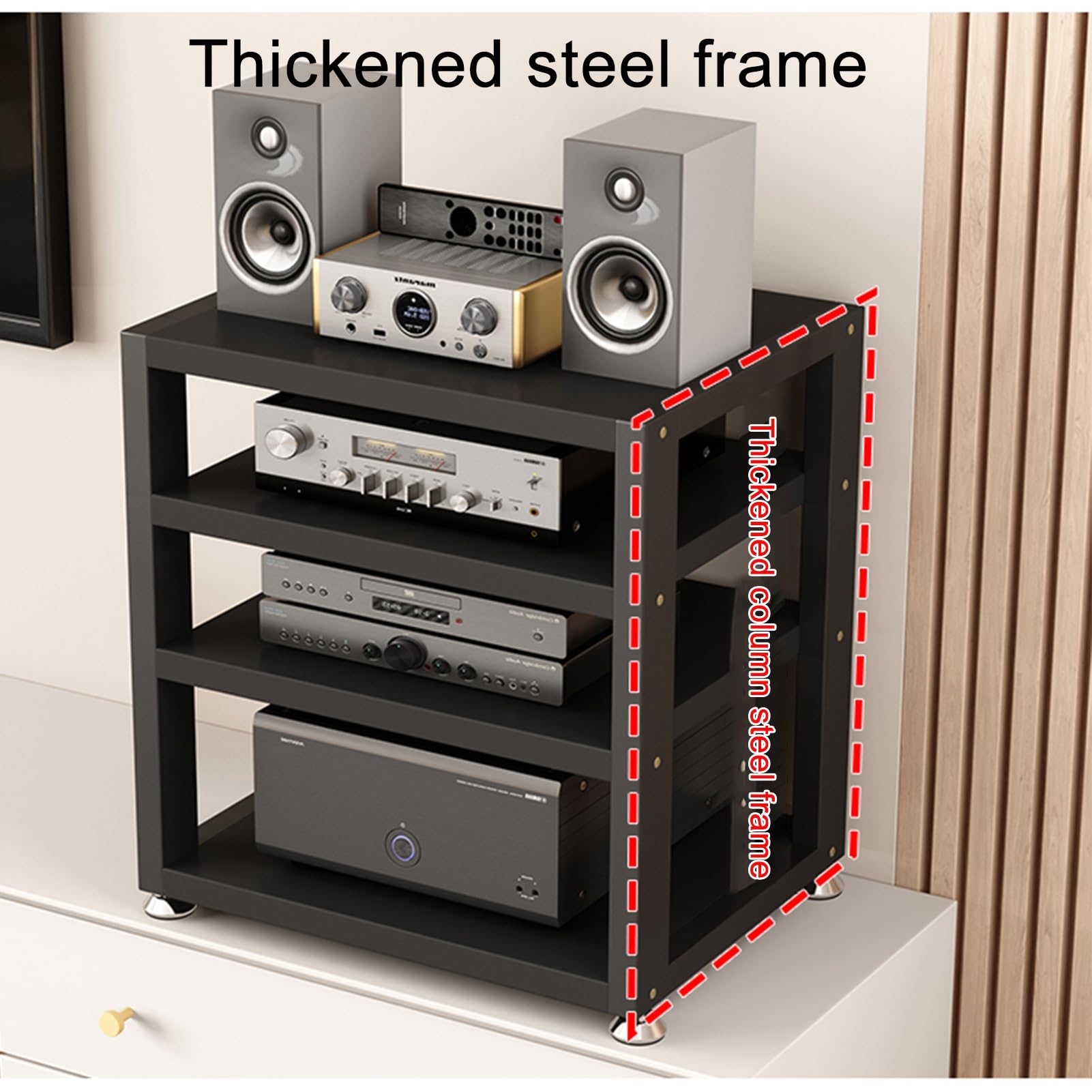 Generico Supporto per Rack Audio HiFi, Supporto multimediale a 2/3/4 Livelli per componenti AV, mobiletto per Giradischi con Piedini ammortizzanti, Nero, 15,7x13,7x13,9 Pollici - Perfetto per l'insta