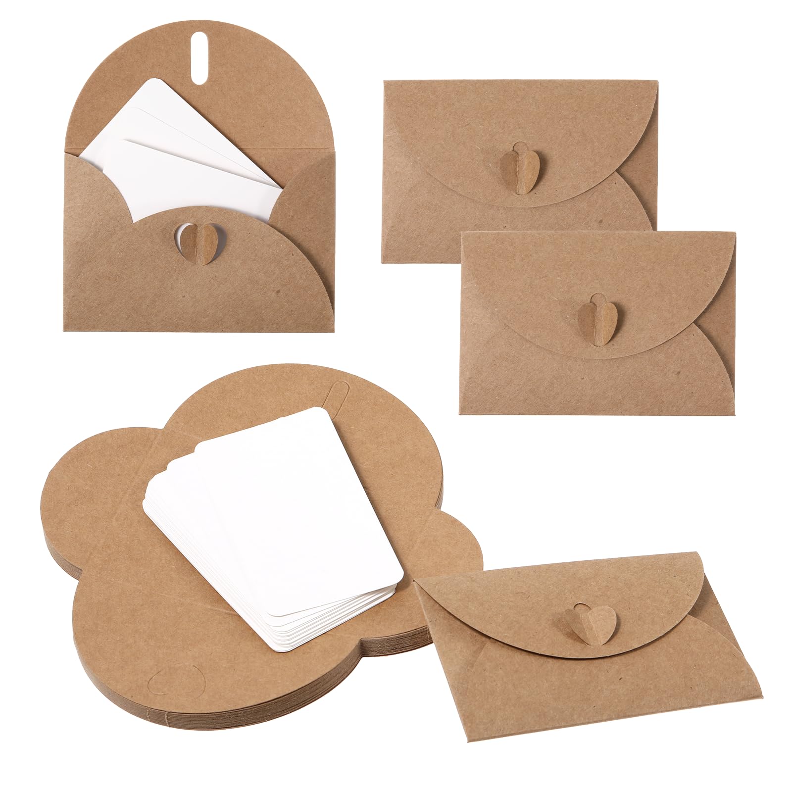 25 sztuk mini kopert 10,5 x 7 CM z zapięciem kształcie serca - zestaw kart i kopert z papieru kraftowego na prezenty, do biznesu, na pozdrowienia, na wesela