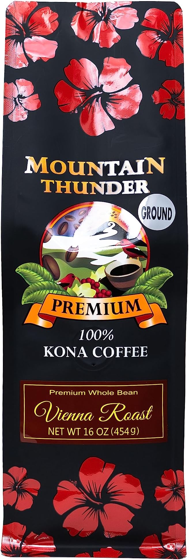 100% Kona Premium Coffee - 1 Pound Vienna Roast Ground by Mountain Thunder Coffee Plantation