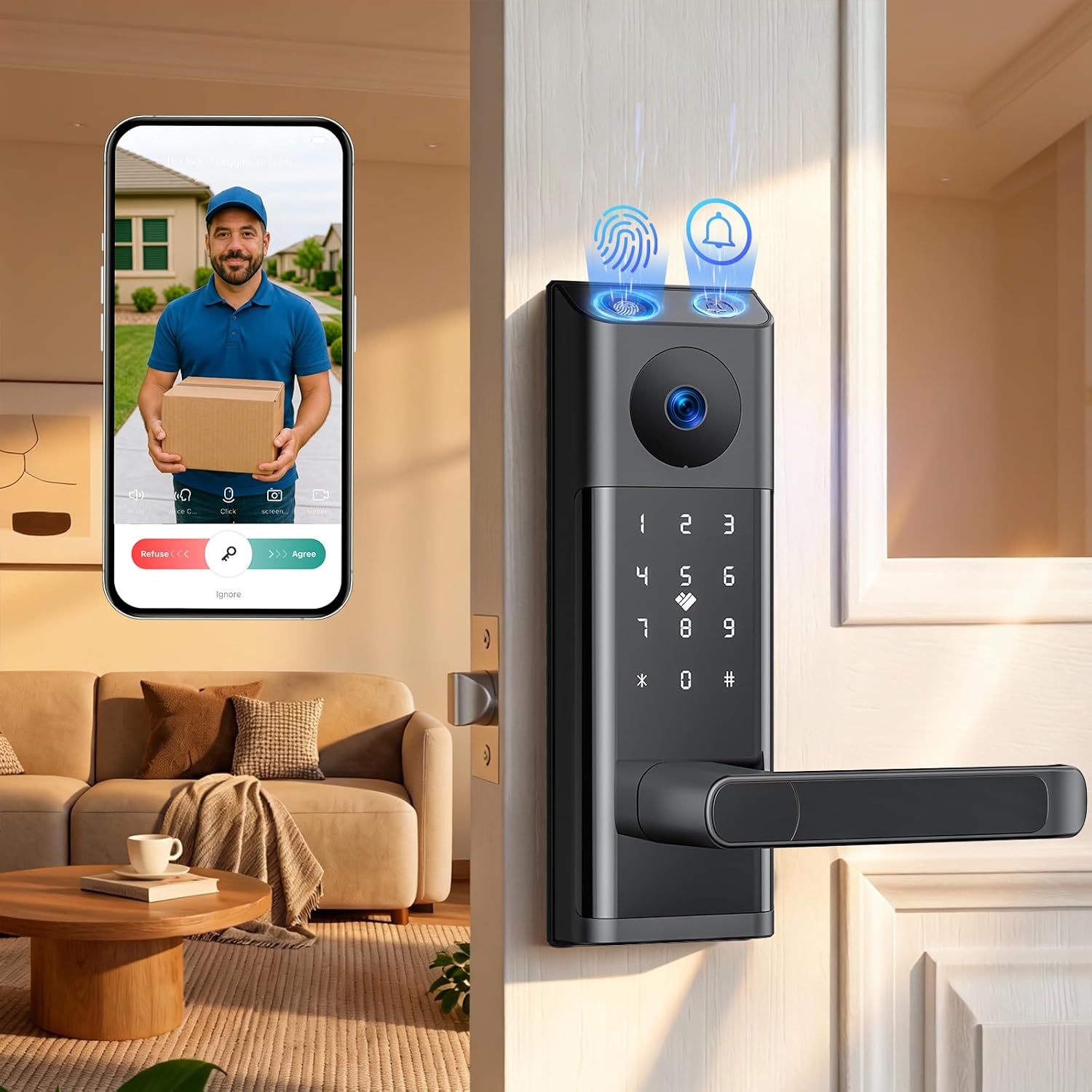 CAMCAMP Smart Door Lock, Keyless Entry Door Lock with Handle,Deadbolt Smart Lock for Front Door,WiFi Video Smart Lock with Camera & Doorbell,12 Months Battery,App Control,2-Way Audio,IP66Waterproof