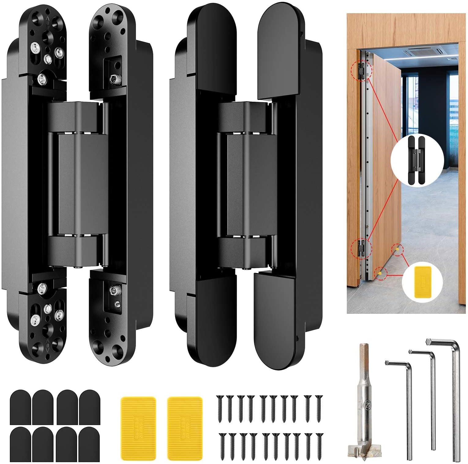 9.7" Hidden Door Hinge/Concealed Hinges,Invisible Hinges,Invisible Door Silent 180 Degree Swing Hinge 3-Way Adjustable Butt 9.7 x 3.3 x 1inch (Pack of 2) (Black 10 inches)