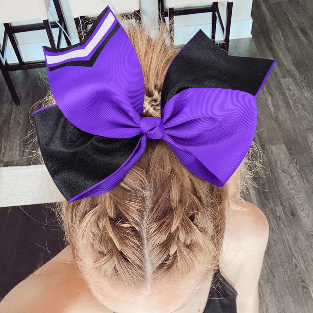 DEEKA 8PCS 8" Two Toned Large Glitter Cheer Bows Shiny Cheer Hair Bows Ponytail Holder Handmade for Cheerleader Girls Softball Sports -g Black/Purple