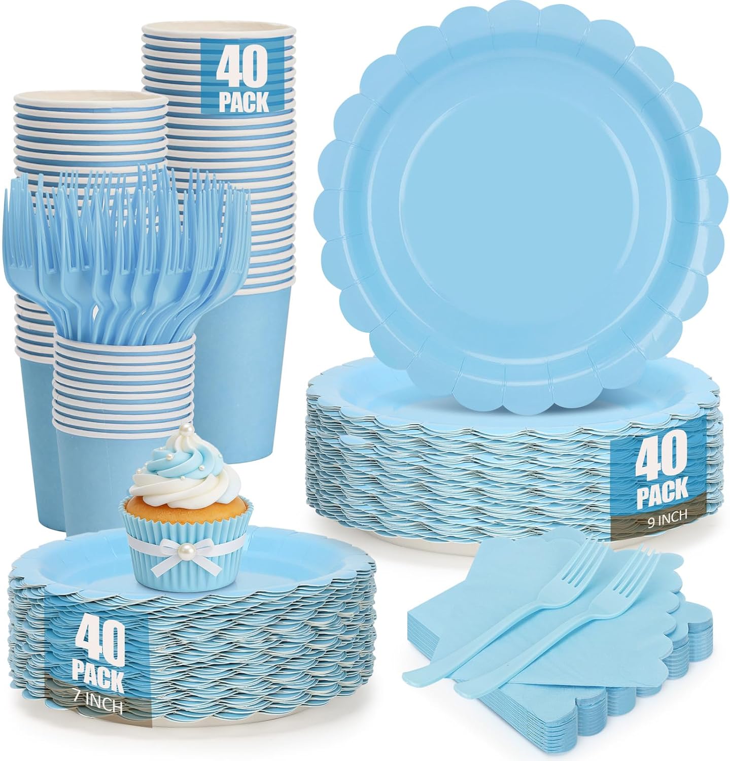 200Pcs Light Blue Party Plates and Napkins, 9’’and 7’’ Disposable Scalloped Baby Blue Paper Plates Cups Napkins Forks Set Party Supplies for Birthday, Wedding, Baby Shower Party Decorations, Serves 40