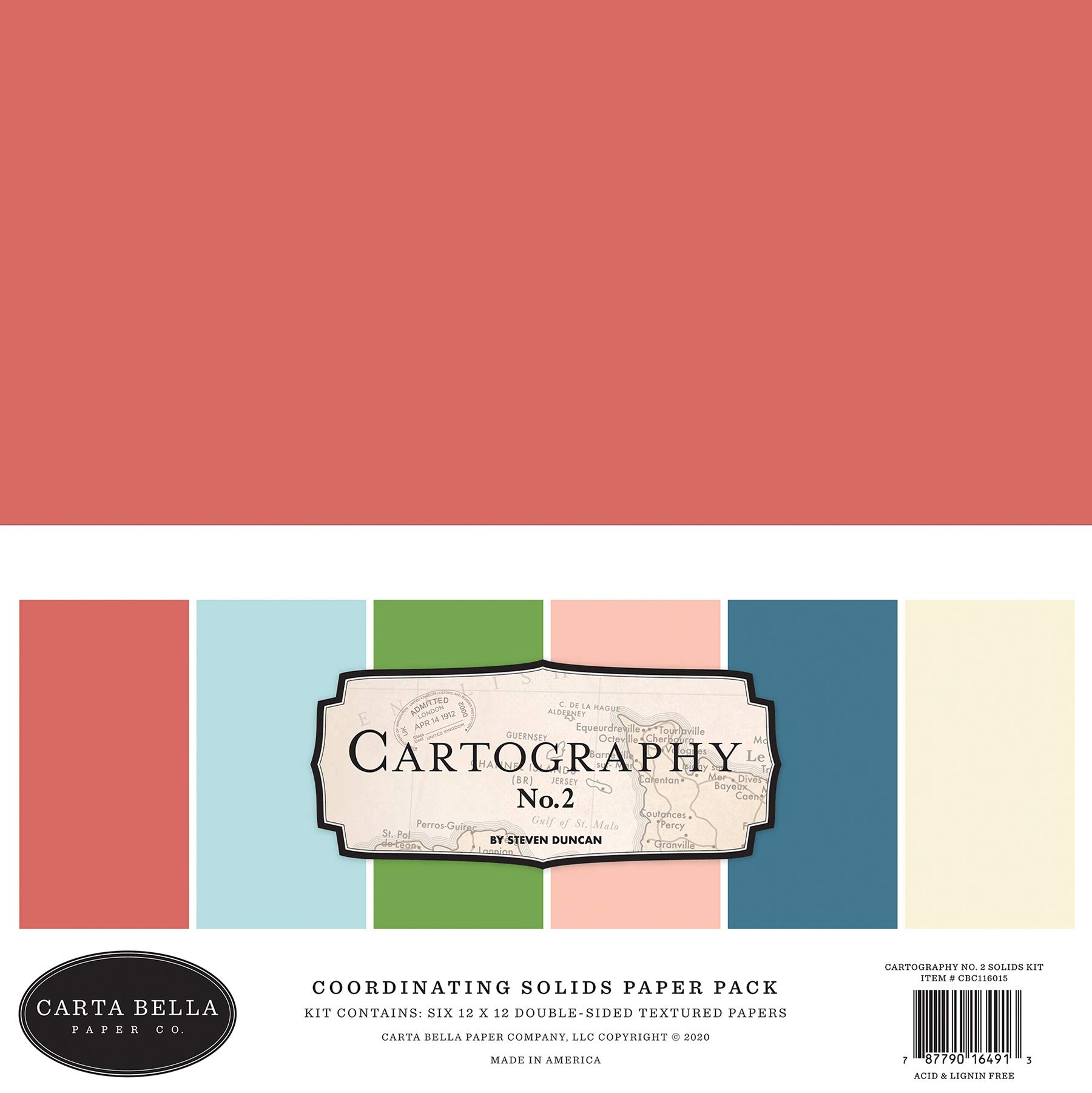 Carta Bella Paper Company Cartography No.2 Solids Kit paper, sepia, grey, green, navy, red, cream
