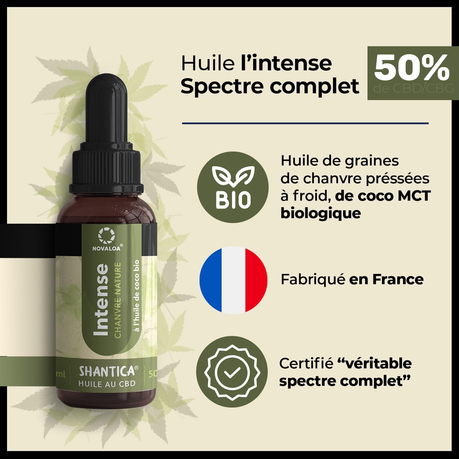Huile L'Intense - À Partir d'Huile de Graines de Chanvre Pressées à Froid 5000mg - Fabriquée en France - 10 ml