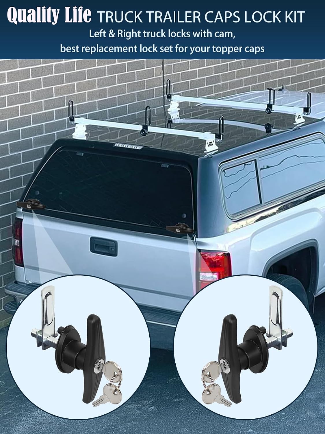 Truck Cap Camper Shell T-Handle Lock Latch Replacement Parts, Truck Bed Topper Door Locking Kit Accessories with Keys - L&R Lock