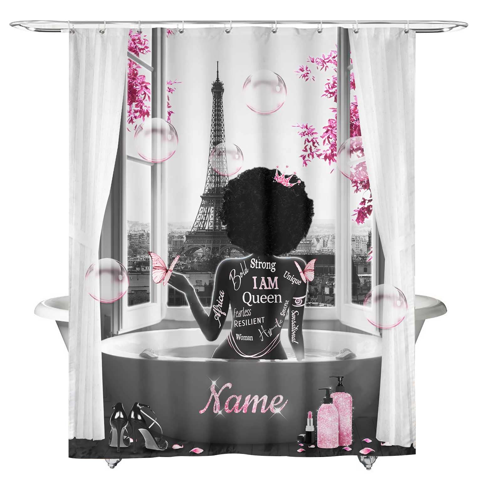 Fashion Black Queen Shower Curtain with Name African American Black Women Shower Curtains Fabric Bathroom Eiffel Tower Pink Set Waterproof Bath