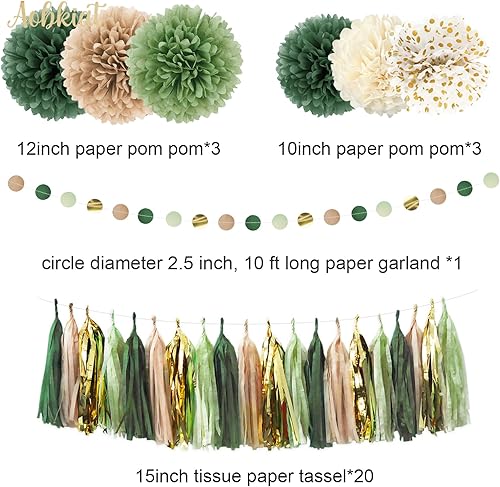 Miniatura 3 de AOBKIAT Decoraciones de fiesta de boda verde salvia, 28 pompones de papel de seda, guirnalda de puntos circulares, borlas de papel para colgar telón