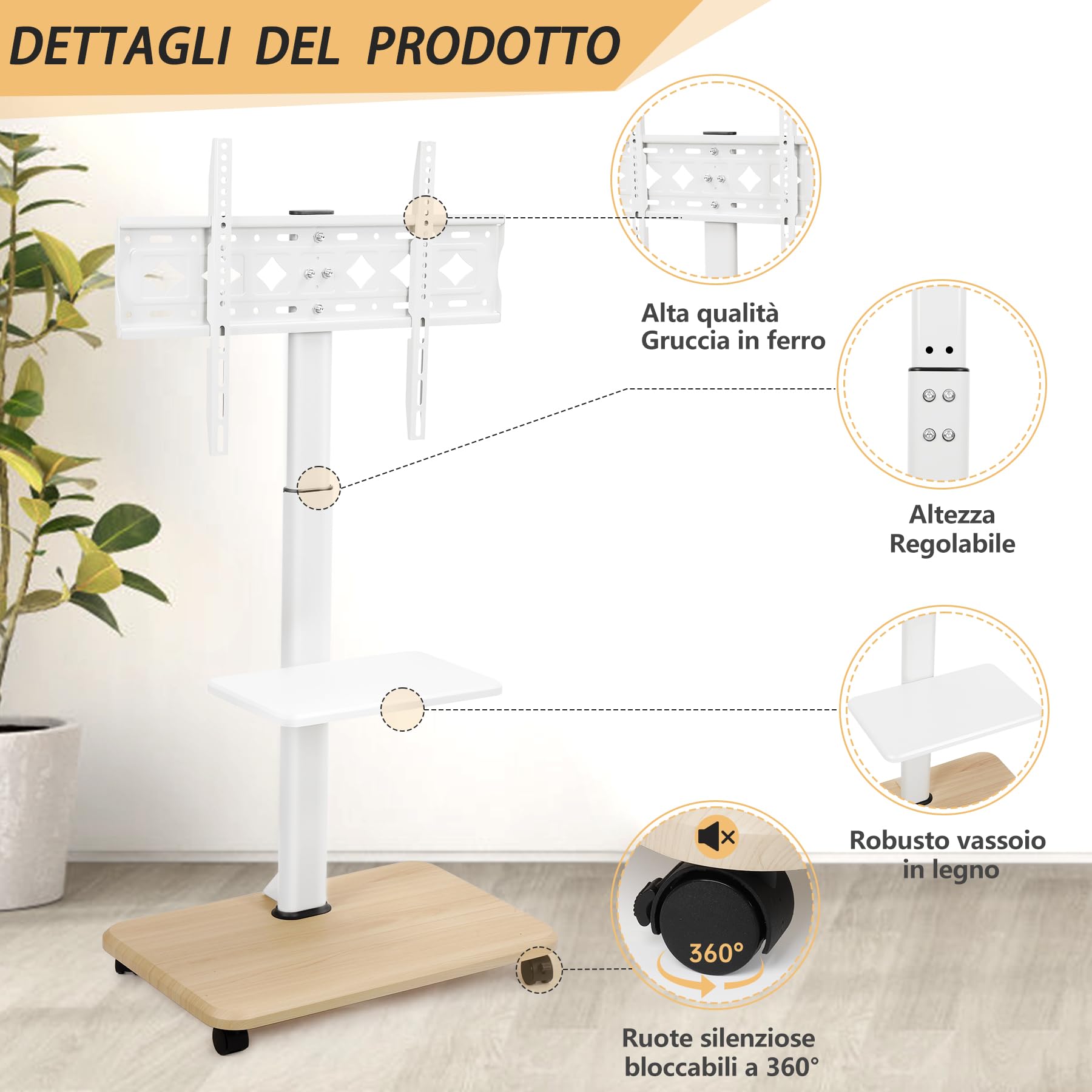 Supporto per TV con ruote bloccabili e ripiano per laptop, per schermi LED LCD OLED da 32-70 pollici, fino a 45,4 kg, altezza regolabile