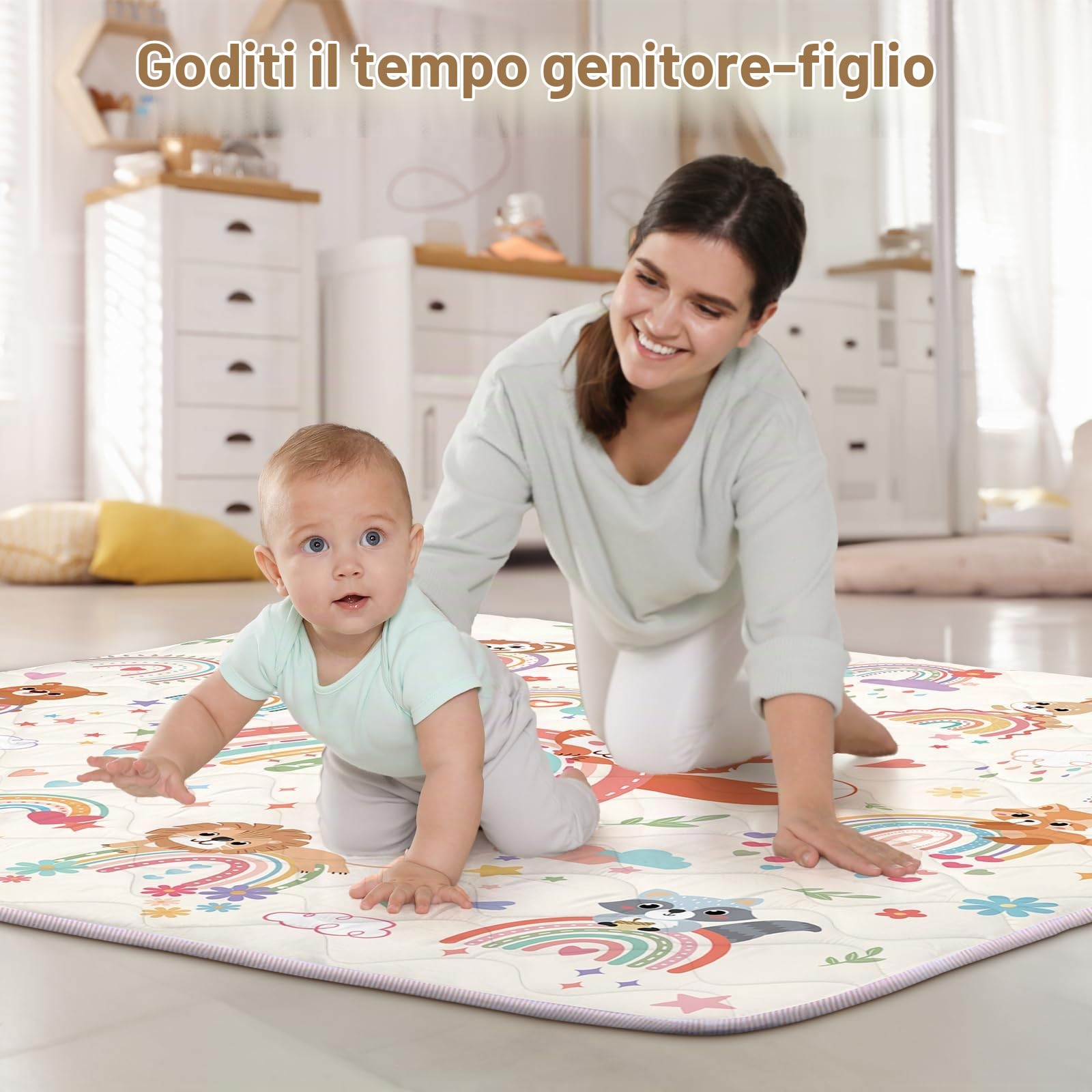 decalsweet Tappeto Gioco Bambini 127×127cm, Addensato 2cm Gioco Neonato, Antiscivolo Cameretta Bambina & Bambino, Pieghevole Tappeto Tummy Time Neonati (Animali Arcobaleno)