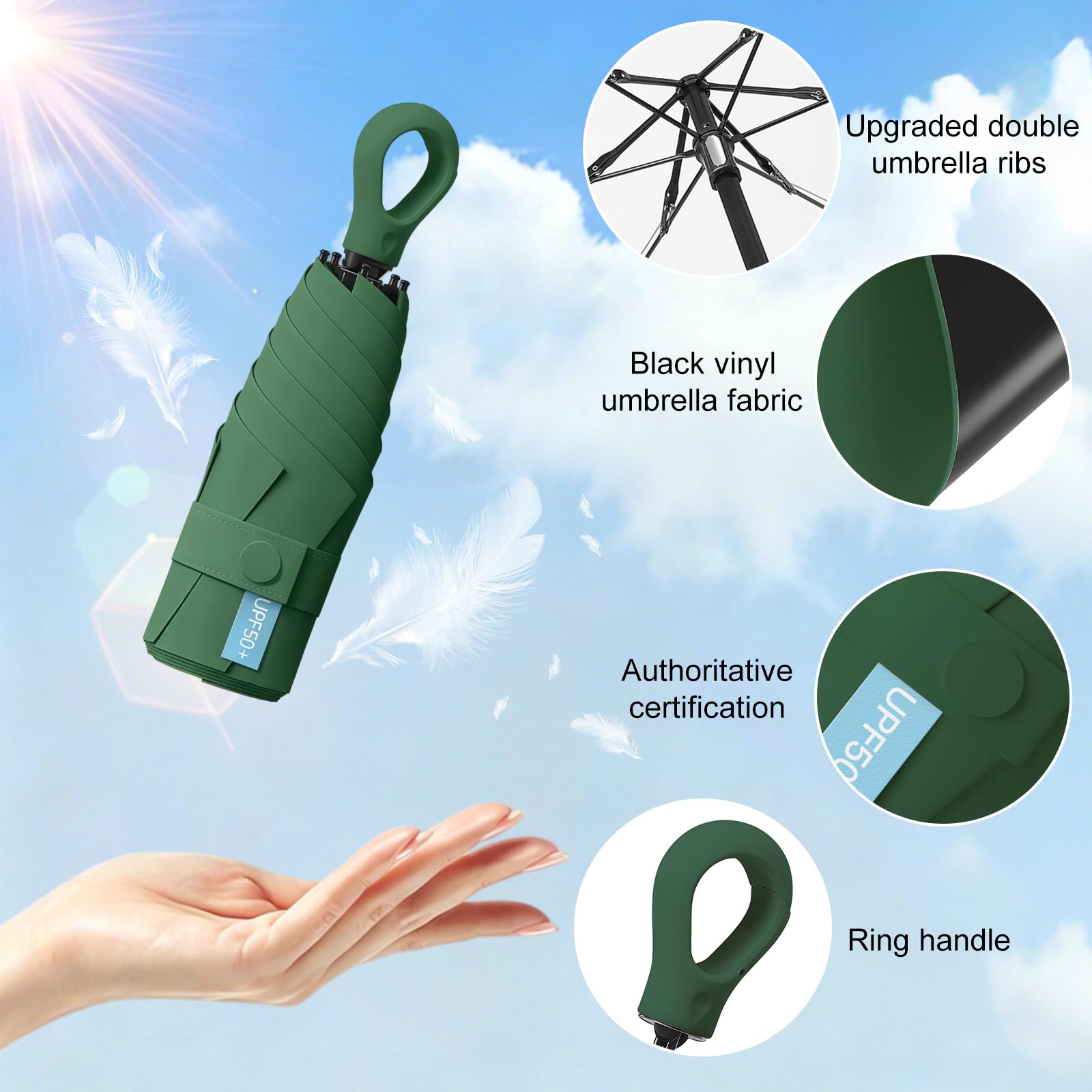 HCQC Ombrello Ultra Leggero Pieghevole Mini da Viaggio – Protezione UPF 50+, Impermeabile e Compatto – Ombrello Tascabile per Uomo e Donna con Custodia a Capsula