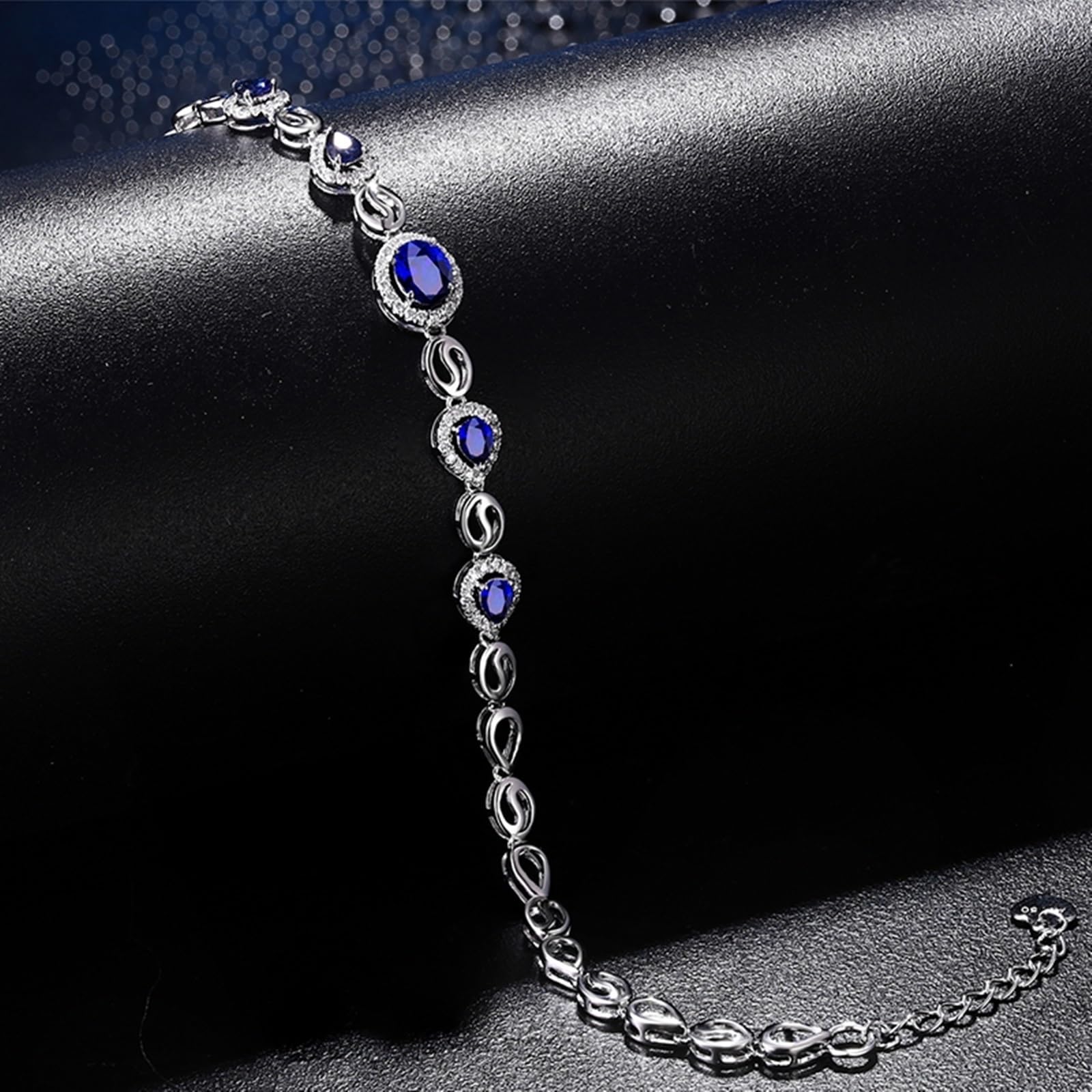 Bracciale Oro Bianco 750/585/375 Donna, Bracciale Zaffiro Donna 1.09ct 16-18 cm Estensione 4 cm con Diamante, Braccialetto Sposa Matrimonio