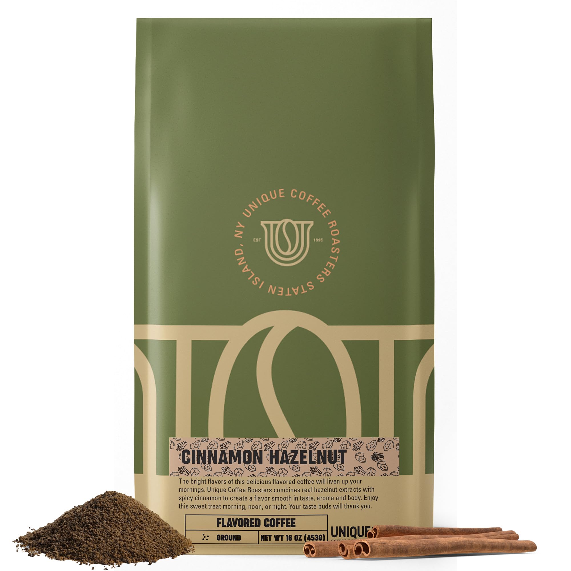 Cinnamon Hazelnut Flavored Ground Coffee, 1 LB (16 oz) bag, Medium Roast, 100% Arabica Premium Quality Flavor