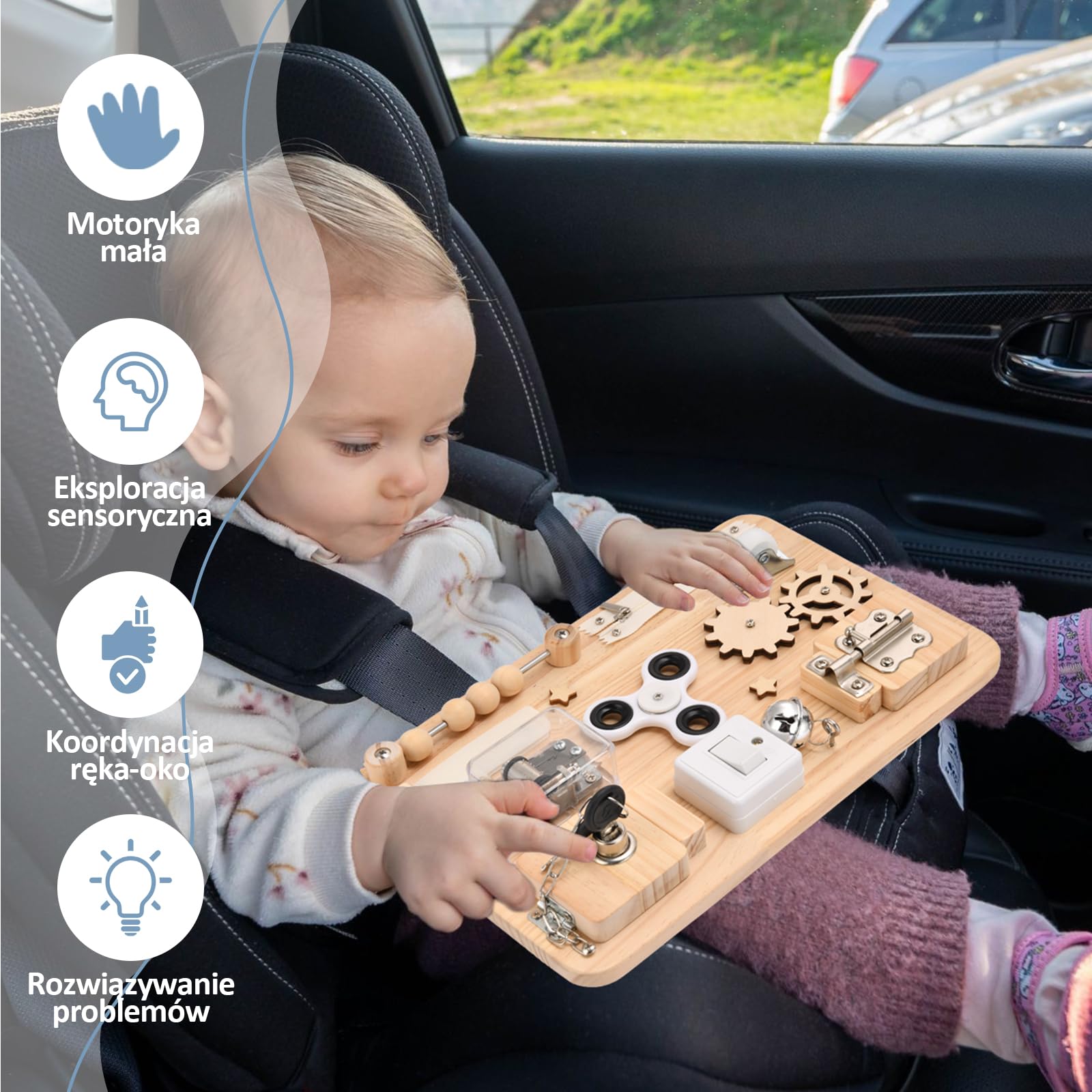 Tablica manipulacyjna Montessori z drewna – zabawka sensoryczna i motoryczna dla dzieci, idealna w podróży – prezent na urodziny, rozpoczęcie szkoły, dla dzieci z autyzmem i ADHD