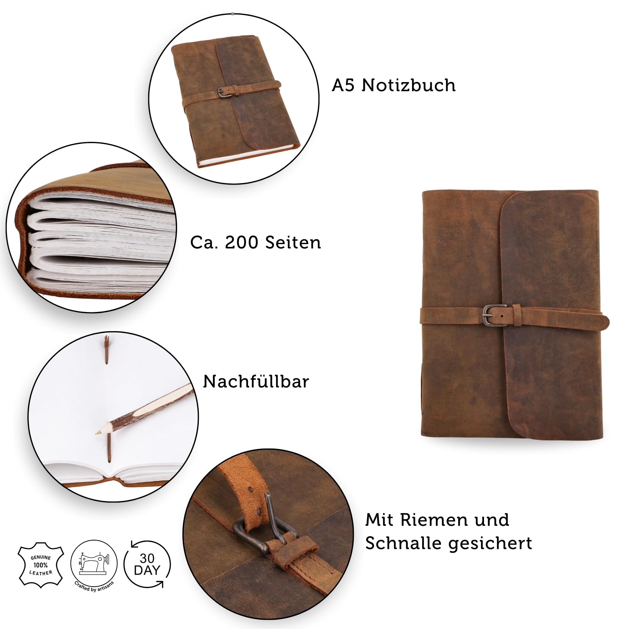 Gusti Notizbuch Leder - Tessy Notizbuch Tagebuch Vintage Braun Leder