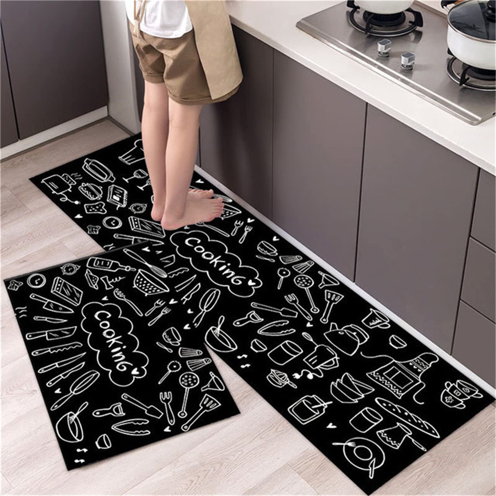 Juego de 2 Alfombras Cocina Antideslizantes Lavable a Máquina Alfombrillas Antifatiga Cómodas Alfombras de Pasillo Alfombrilla de PisoInterior(Patrón de utensilios de cocina negro,50x80cm+50x160cm)