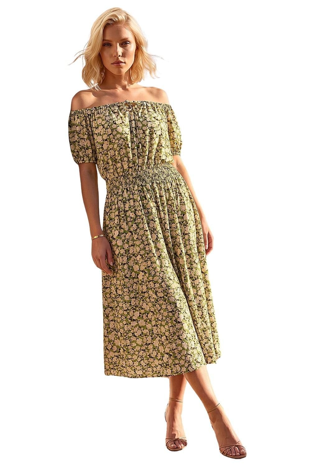 Roman Women's Petite Ditsy Print Bardot Midi Dress in Khaki | Size: 18