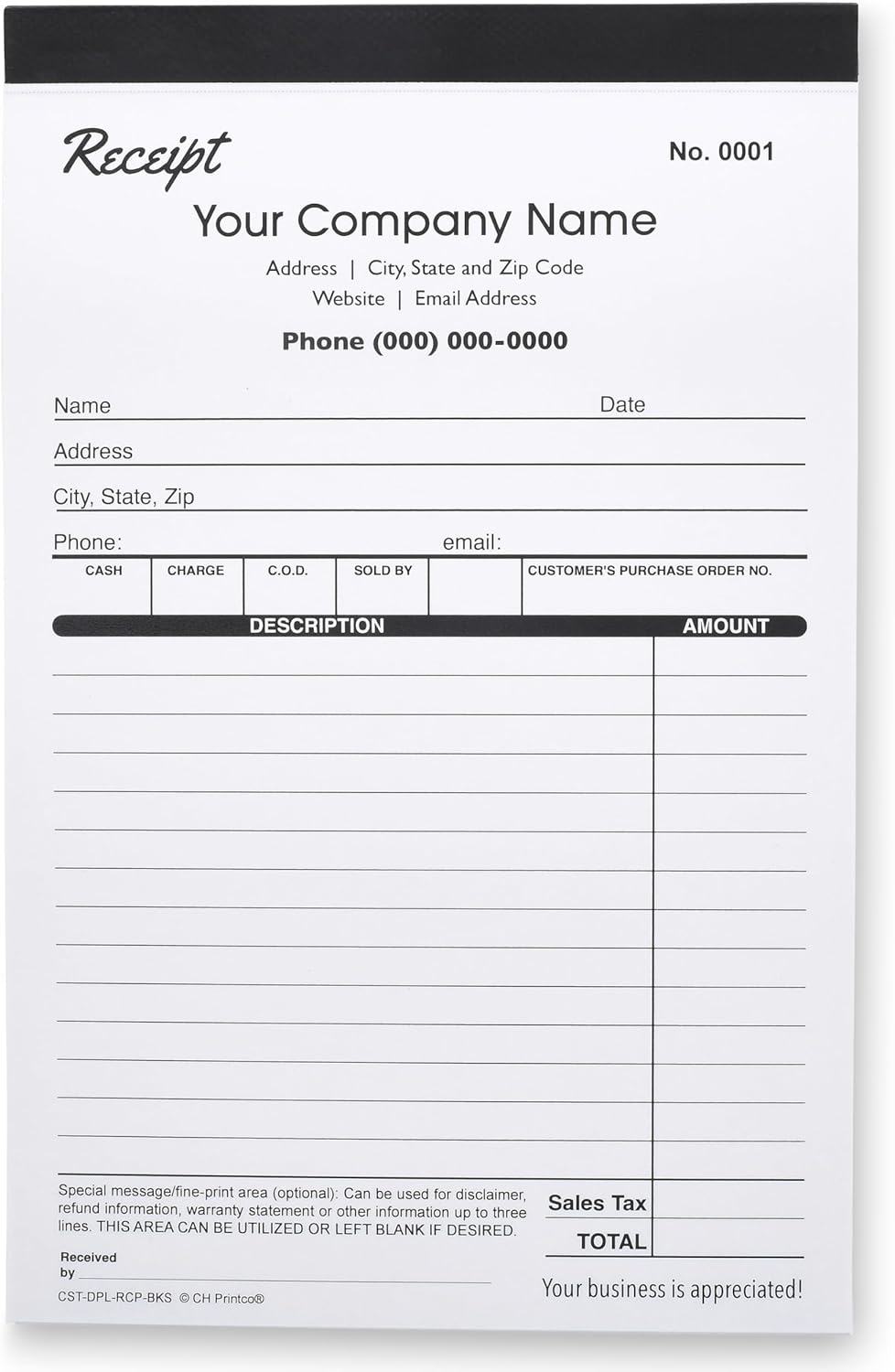 Custom Duplicate Receipt Books with Your Company Name. 2 Books (100 Sets) Numbered.