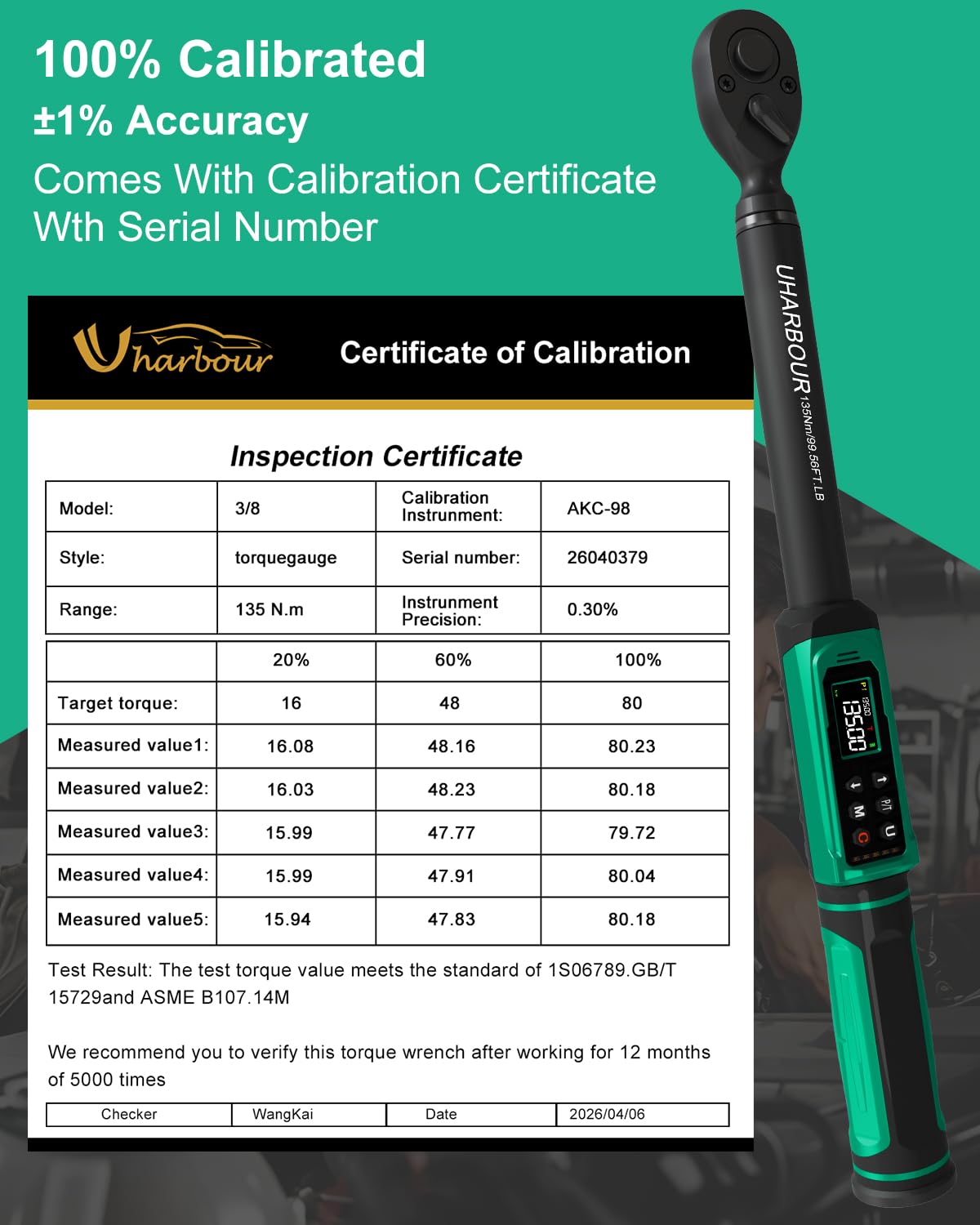 Uharbour Llave dinamométrica digital de 1 cm 2-134.9 N·m/6.8-135Nm | ± 1% de precisión llave eléctrica, trinquete de doble dirección, vibración y alerta LED
