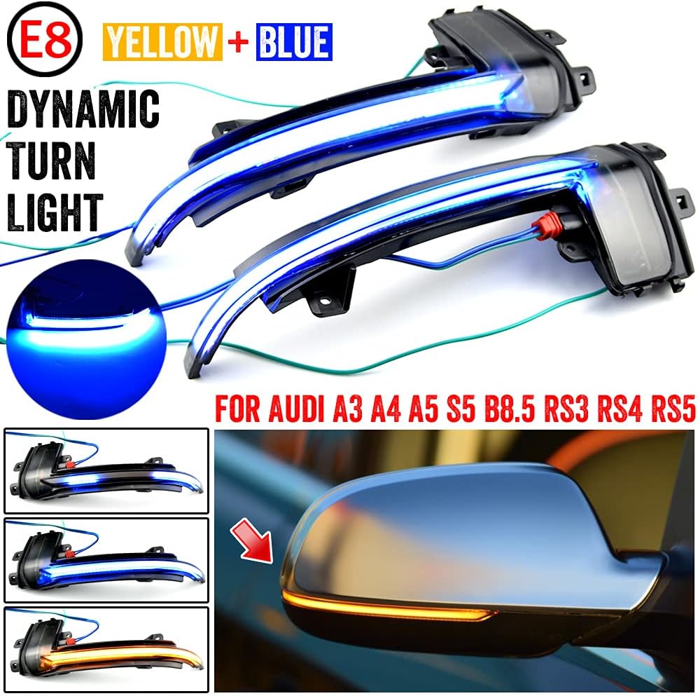 2pcs Dynamic Sequential Blink LED Side Mirror Turn Signal Light Assembly Compatible with Au-di A6 A3 8P A4 A5 B8.5 RS3 RS4 RS5-Blue and Yellow
