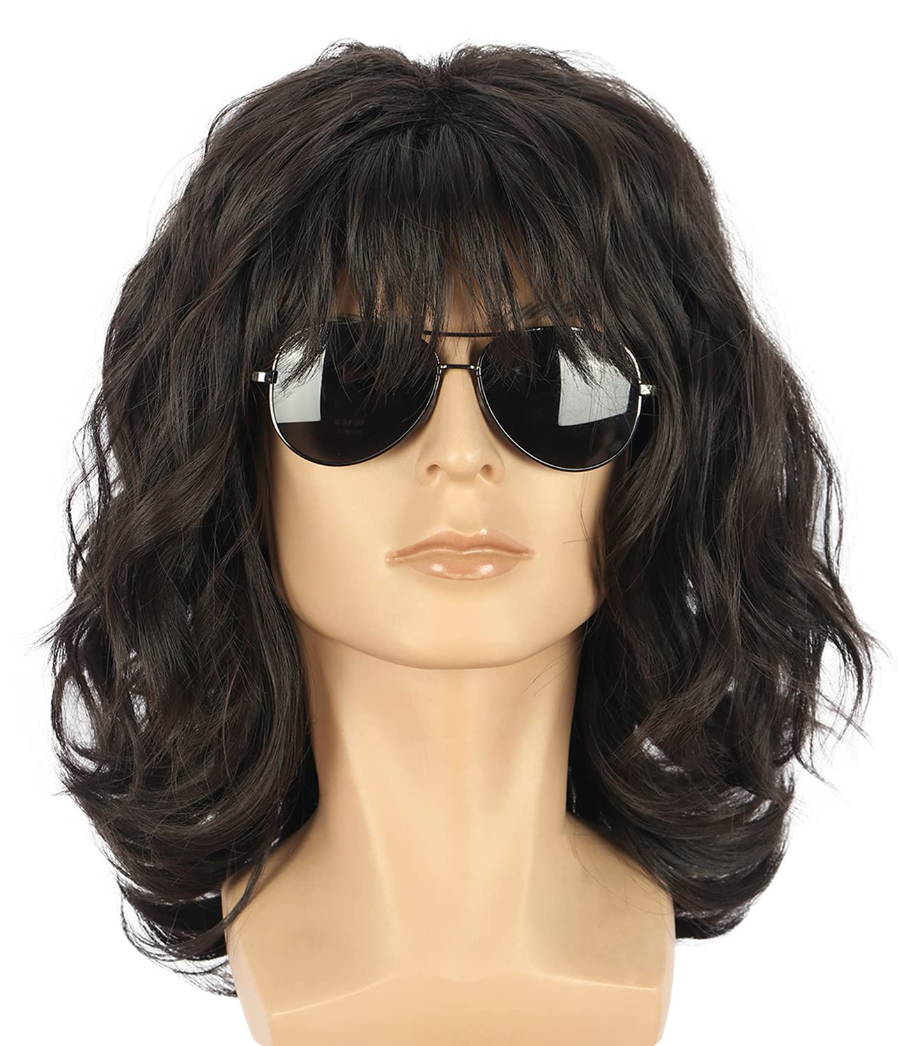 Yuehong Long Curly Dark Brown 70s 80s Shawl Punk Rocker Wig Mullet Cosplay Costume Heat Resistant Synthetic Fibers Soft Durable Breathable Wig - Image 3