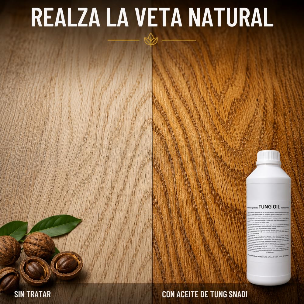 1 l. aceite de tung 100% Puro | Cuidado natural de la madera de interiores y exteriores | No altera el color dejando una capa impermeable muy resistente. - Snadi