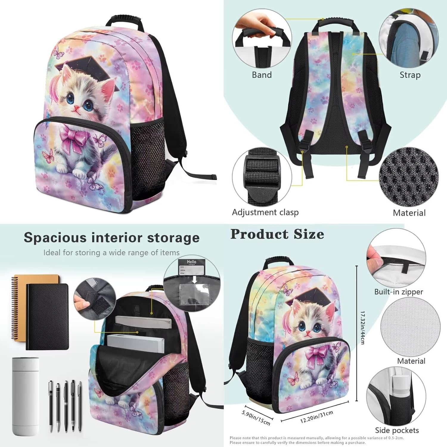 Cat Paw Print Backpacks for Girls Tie Dye School Backpack Set with Lunch Box Pencil Box Water Bottle Sleeve for Prschool Elementary Bookbag Set, 4 Pack