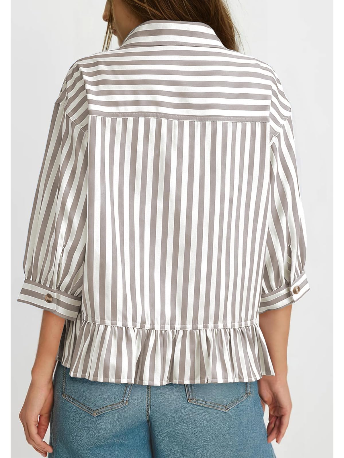 Chemise boutonnée bohème à manches 3/4 pour femme - Ourlet à volants - Style bohème - Style décontracté - Pour le travail et le bureau