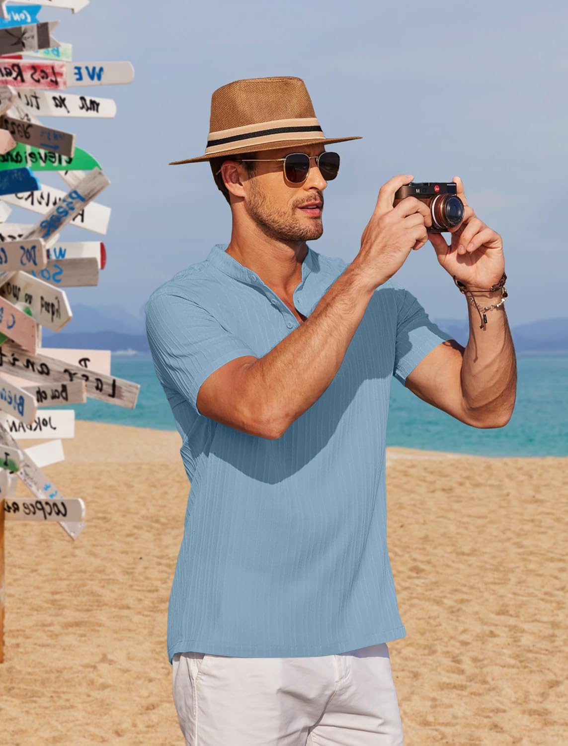 Zombom Kurta Uomo Casual Collo Alla Mandarino Tessuto Misto Cotone Misto Lino Mezza Manica Leggero Traspirante Estate Beachwear Quotidiano Uff