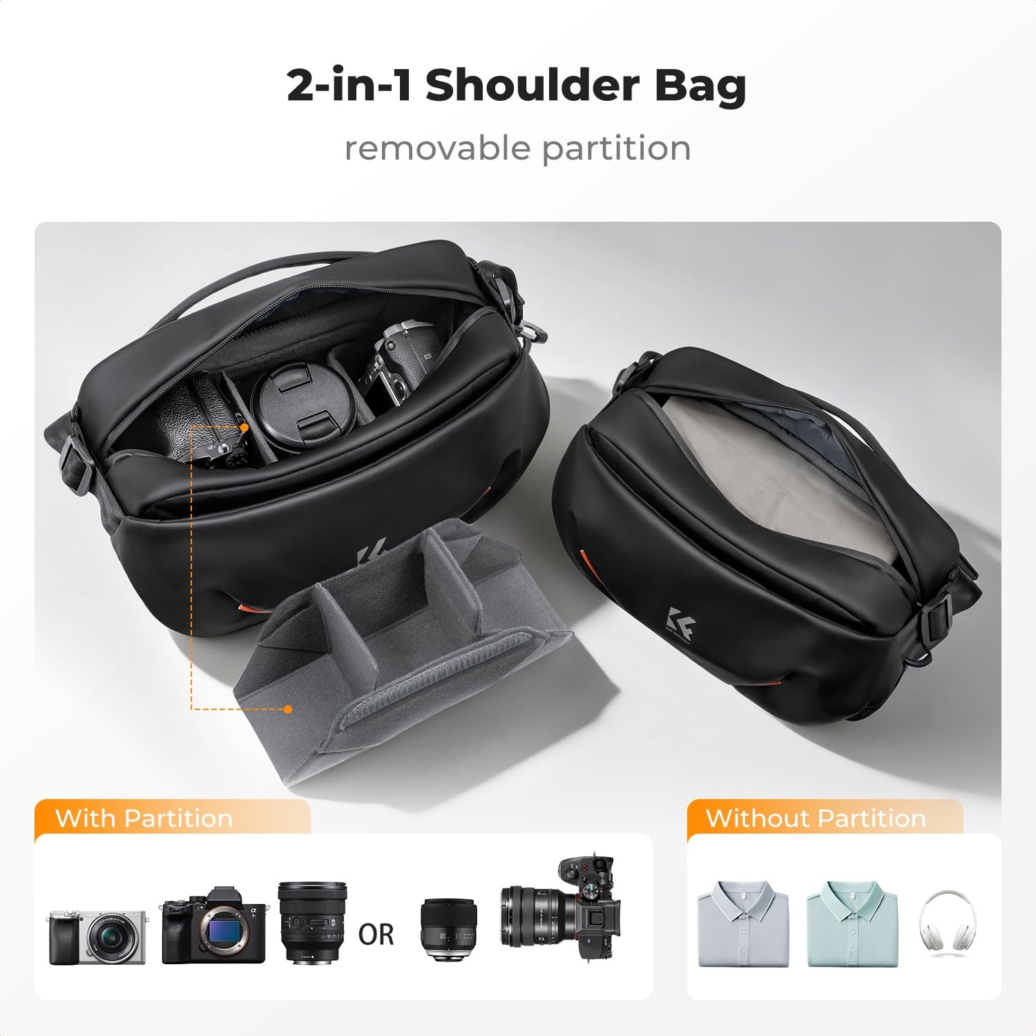 K&F CONCEPT Bolsa Bandolera para Cámara de 7 L, Ligera para Cámaras Mirrorless o DSLR, Bolsa con Bolsillo Lateral Plegable y Acceso Rápido, Divisor Ajustable, Equipo para Fotógrafos, Negro