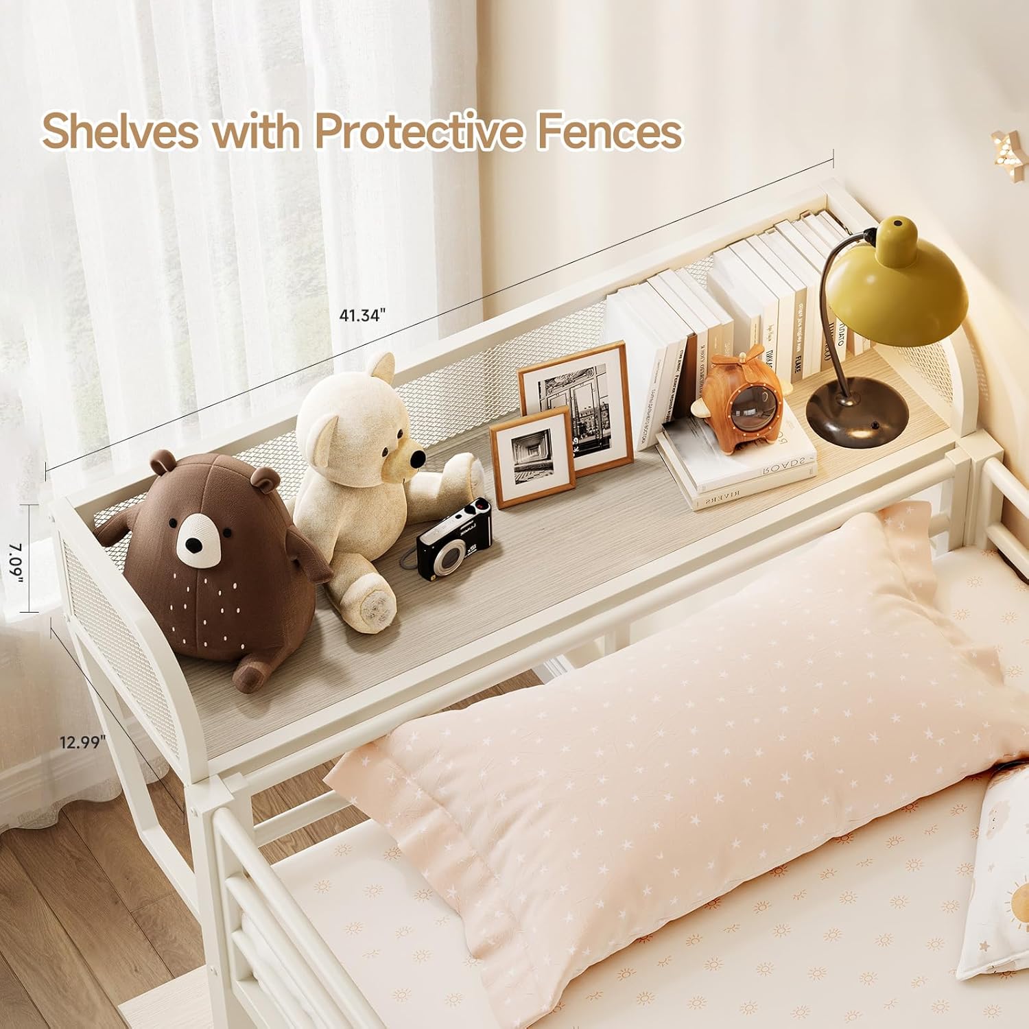 Overhead storage shelf on upper bunk with protective fences
