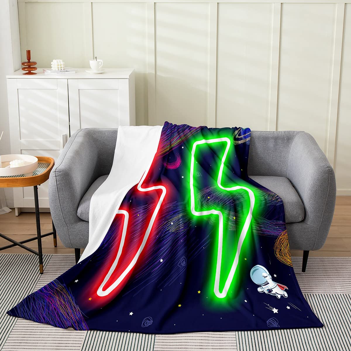 Lightning All Season - Coperta da letto per bambini, con luci al neon, coperta in pile per galassia e arte sfocata per bambini, ragazzi, ragazze, in microfibra, verde, rosso, in peluche, 20 x 200 cm