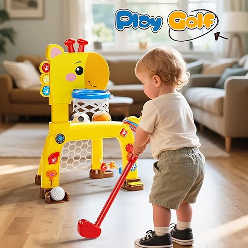 Miniatura 4 de Aro de baloncesto 4 en 1 para niños pequeños, portería de fútbol, juguete de golf y juego de lanzamiento de anillos con luces y música, centro