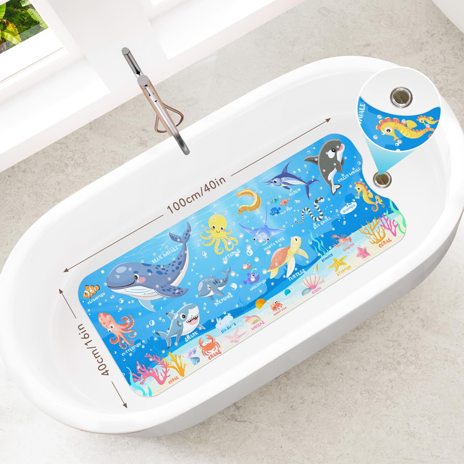 SHUCHING Alfombra Bañera Antideslizante Infantil, Alfombrilla Antideslizante Ducha Niños, Resistente al Moho y Lavable a Máquina Sin BPA, Animales Marinos