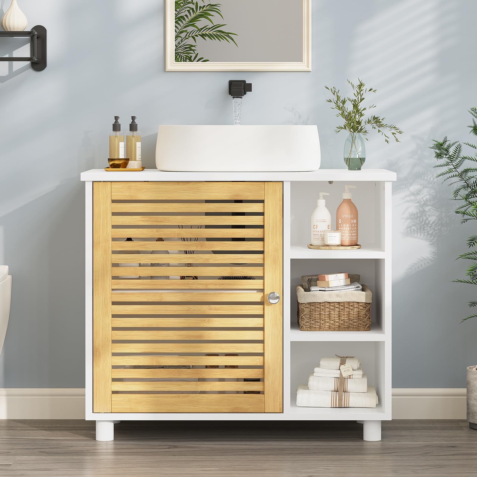 Waschbeckenunterschrank, Badezimmerschrank mit Bambustüren, 3 offene Fächer, viel Stauraum, Freistehend Badschrank Unterschrank, 62 x 30 x 60 cm