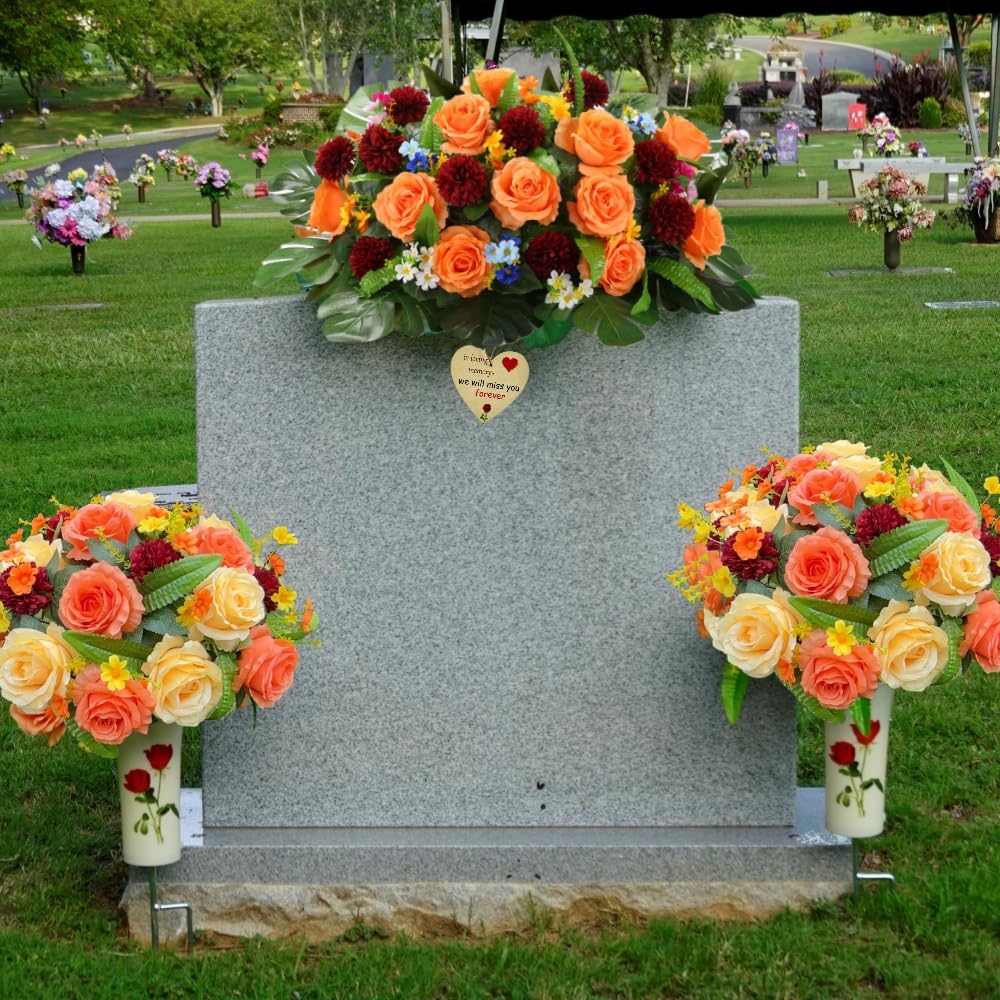 Artificial Cemetery Flowers With Vase & Saddle - Realistic Rose & Carnation Bouquets For Grave Decor - Weather-Resistant - View #9