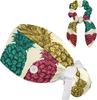 FVQL 2 Pieces Surgical Cap for Long Hair Scrub Cap with Hairband Nurse Cap, Colorful Pattern Pineapple Fruit